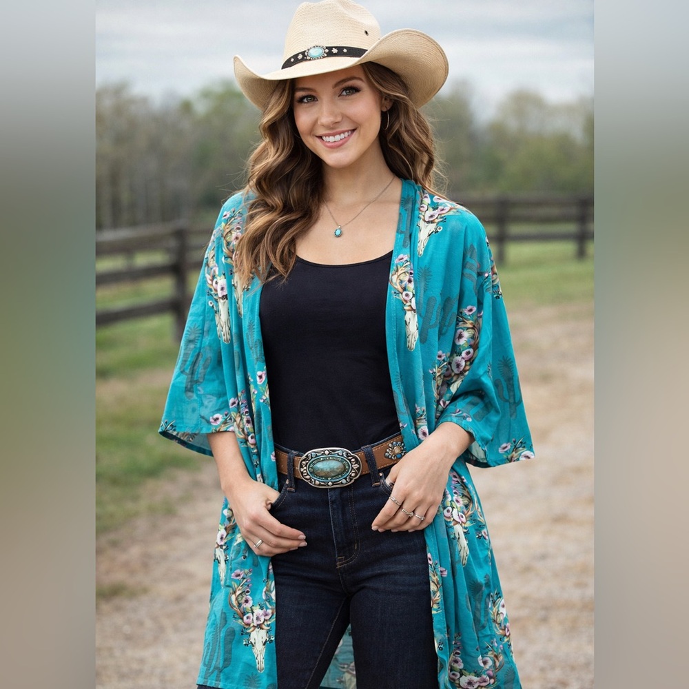 Lucky&Blessed Turquoise Kimono Western Mesh Cardigan Skull Print